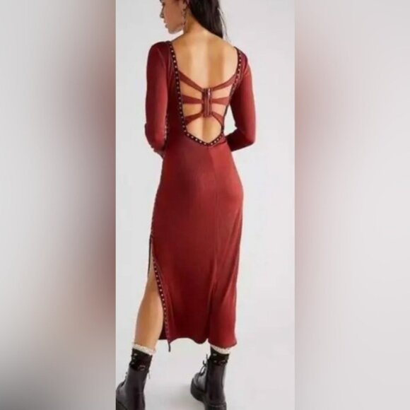 Free People Square Neck Bronze Studded Simone Wine Bordeaux Midi Dress XL NWT - Picture 2 of 9